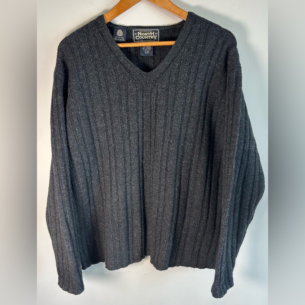 Vintage North Country Lambswool Mens Sweater Gray Sz M Cable Knit Thick Chunky
